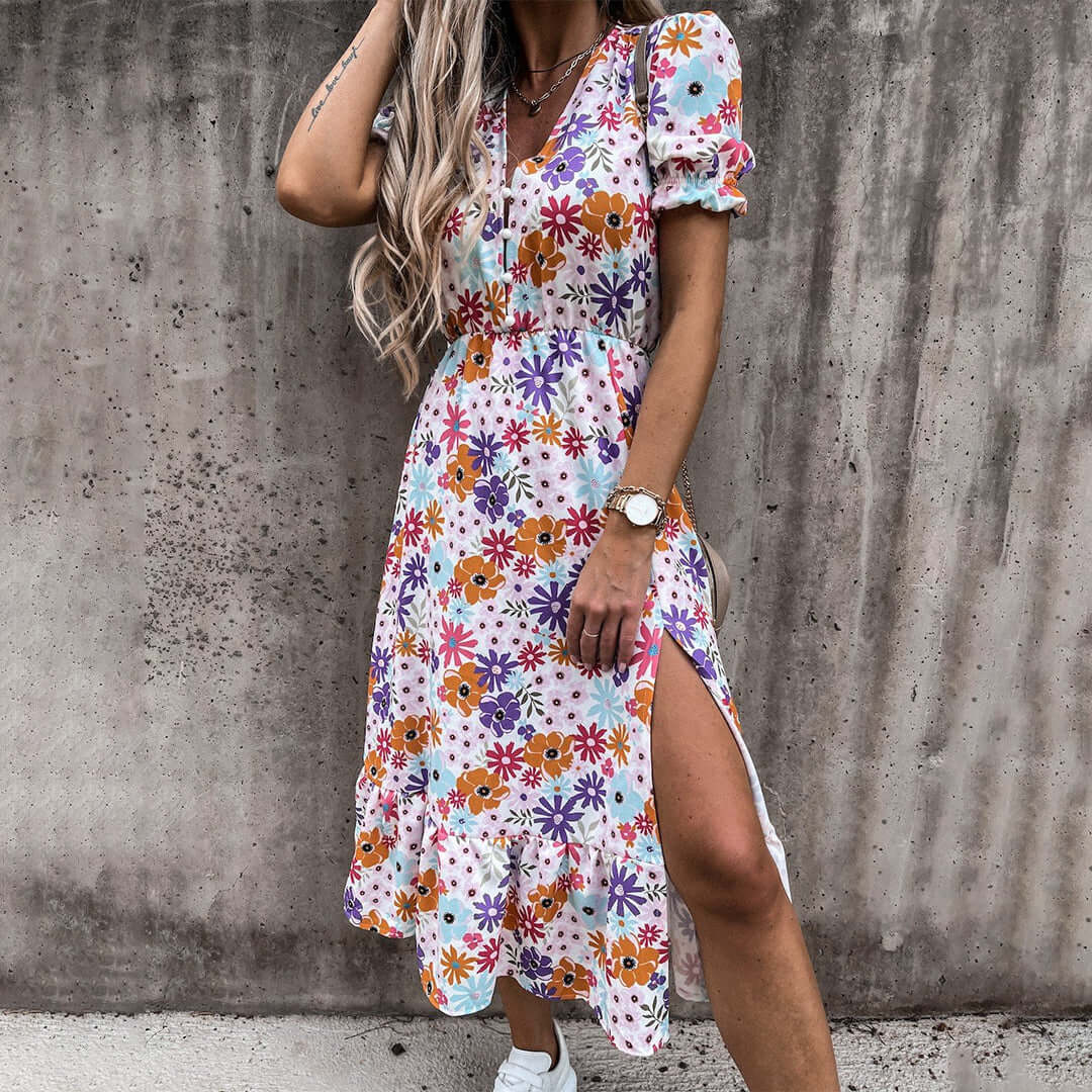 Pretty Ruffled Neckline Midi Summer Dress