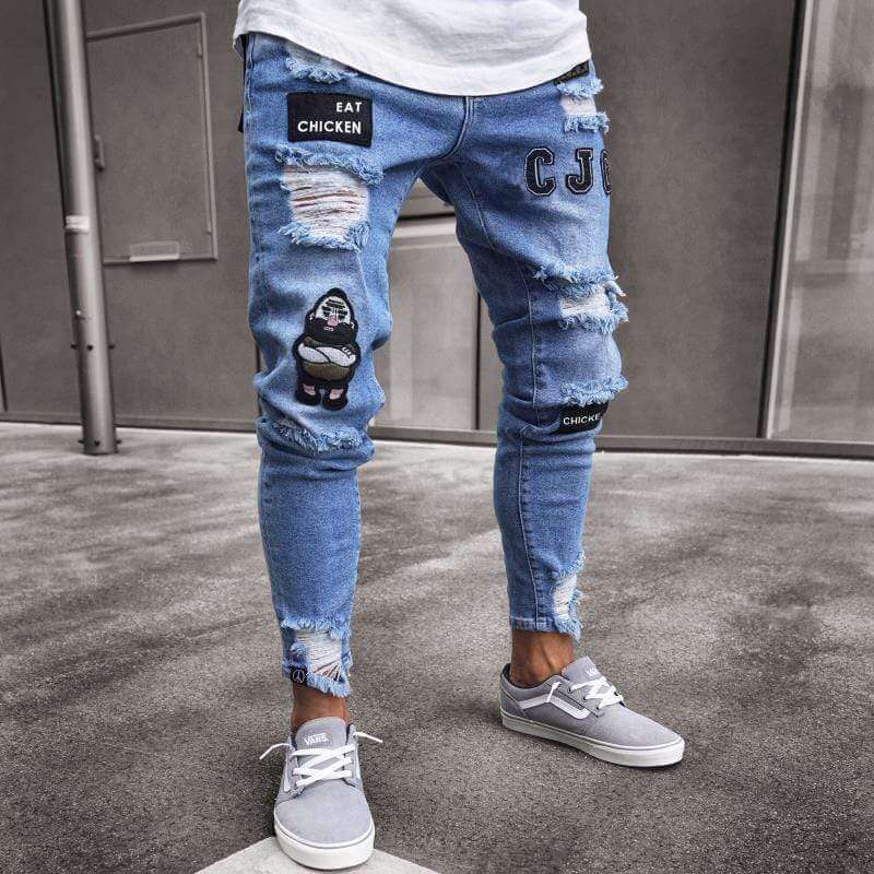 Ripped Skinny Mens Jeans with Cool Patch Details - Luxivelle