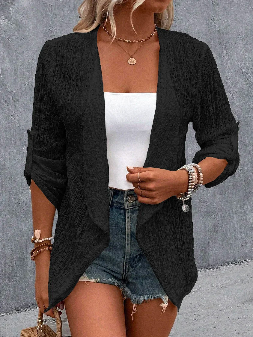 Ladies' Lace Trim Short Sleeve Sweater - Luxivelle