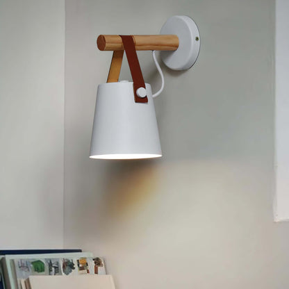 Rustic Wood Wall Lamp with Brown Leather Strap
