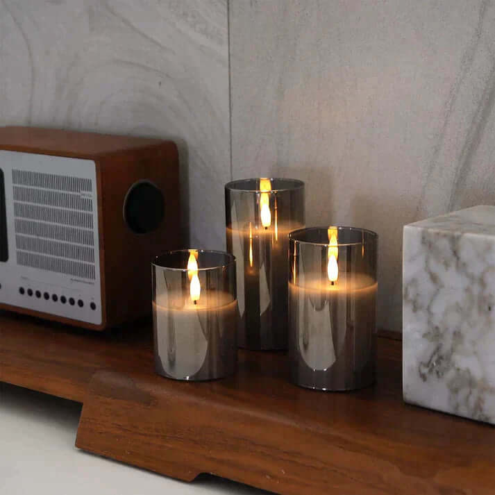 Set of 3 Authentic Faux Flame Candles in Clear Glass - Luxivelle