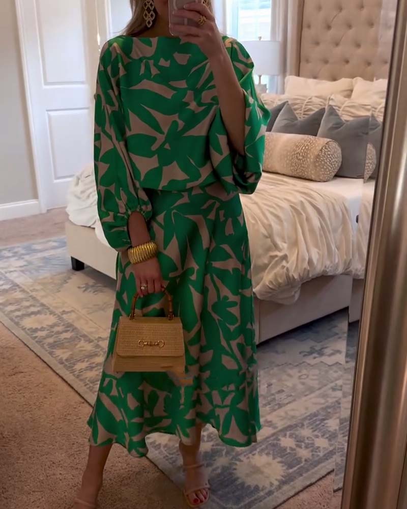 Chic 2-Piece Floral Lantern Sleeve Outfit - Luxivelle