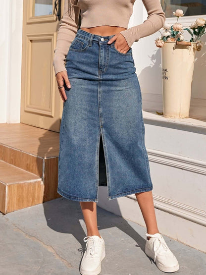 Feminine High Waist Blue Midi Denim Skirt - Luxivelle
