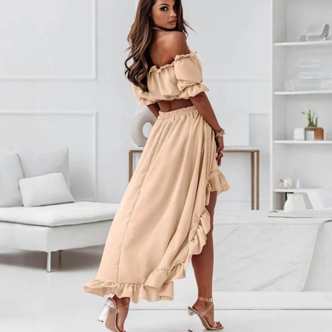 Ladies' Cold Shoulder Ruffle Top & Asymmetrical Skirt Set