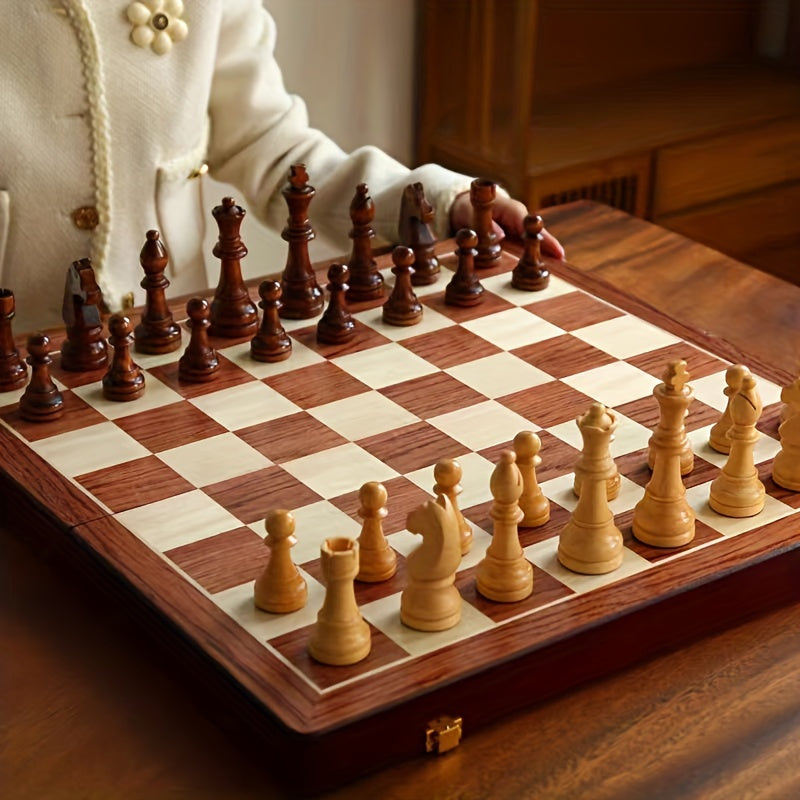 Premium Chess Set - Solid Wood Folding Board with Carved Pieces