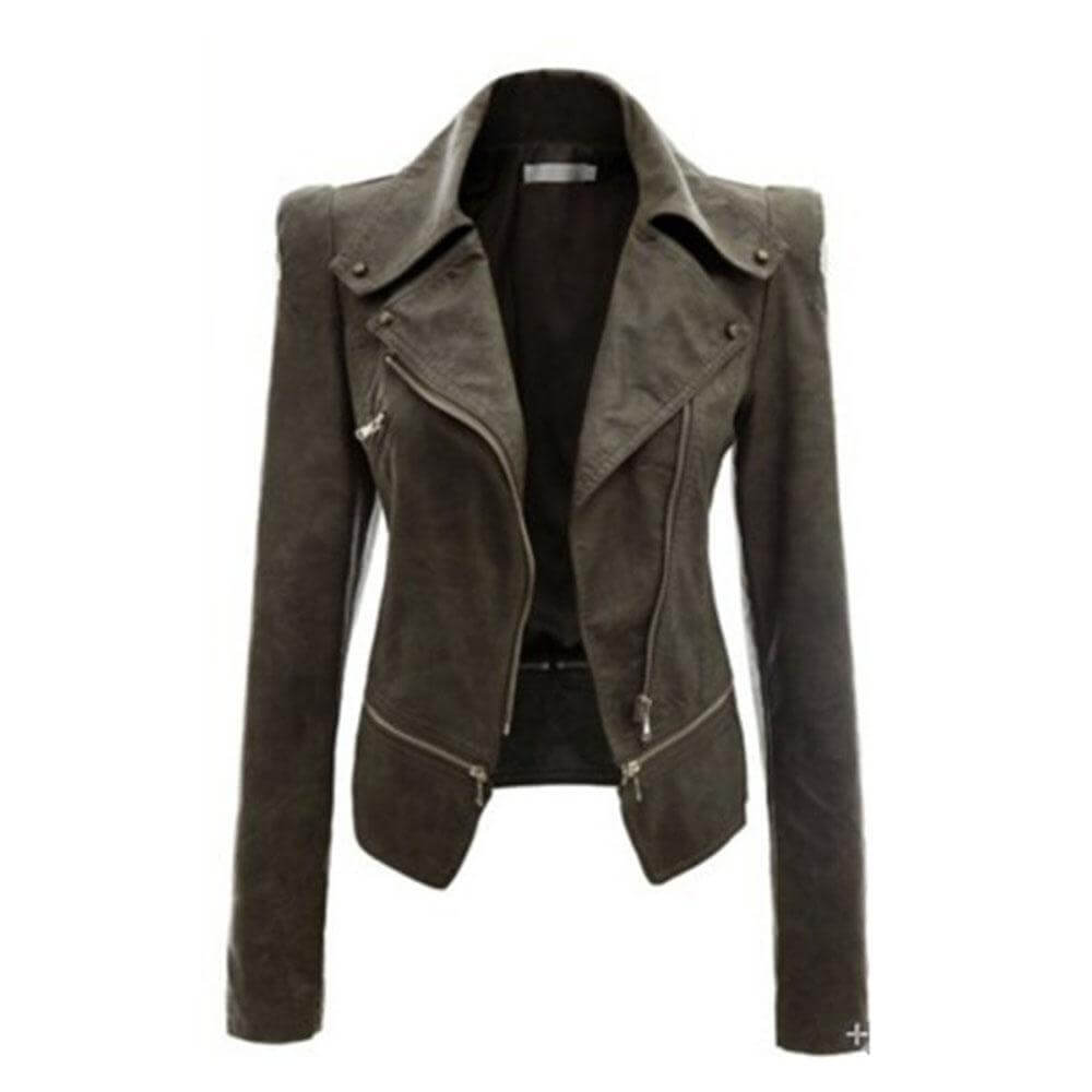 Ladies' Fitted Synthetic Leather Jacket with Zip