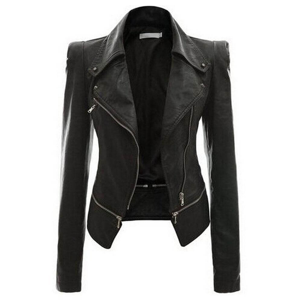 Ladies' Fitted Synthetic Leather Jacket with Zip - Luxivelle