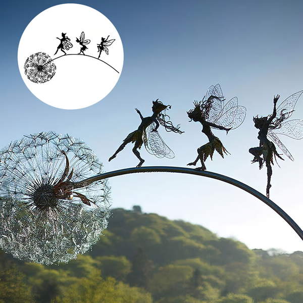 "Fairy Steel Sculpture joyfully playing on a dandelion, adding a whimsical touch to your garden decor."