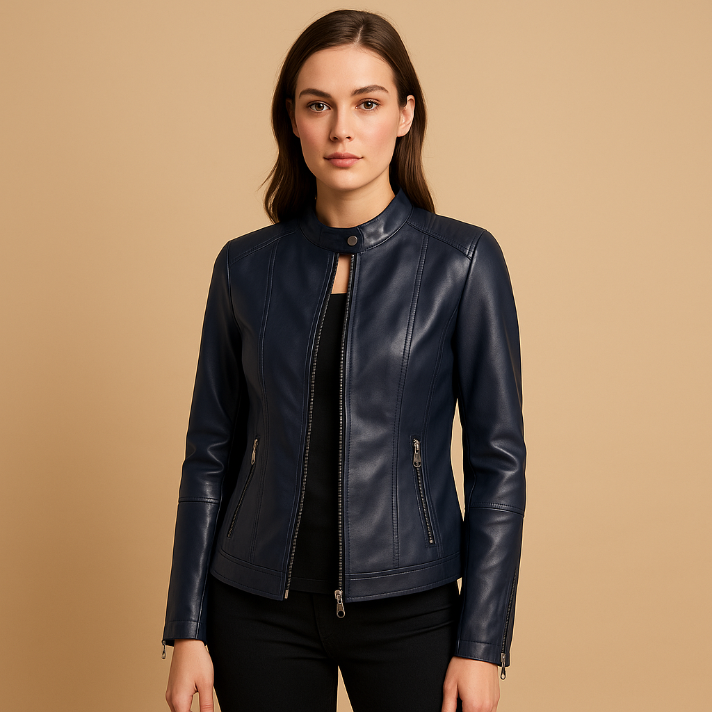 Faux leather biker jacket for women with symmetric zip closure, tailored fit, and sleek design—ideal for stylish layering in spring and fall.