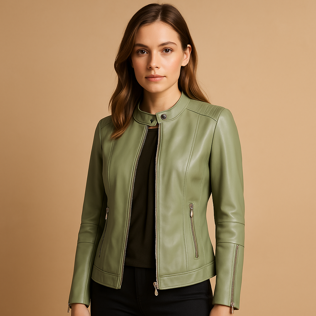 Faux leather biker jacket for women with symmetric zip closure, tailored fit, and sleek design—ideal for stylish layering in spring and fall.