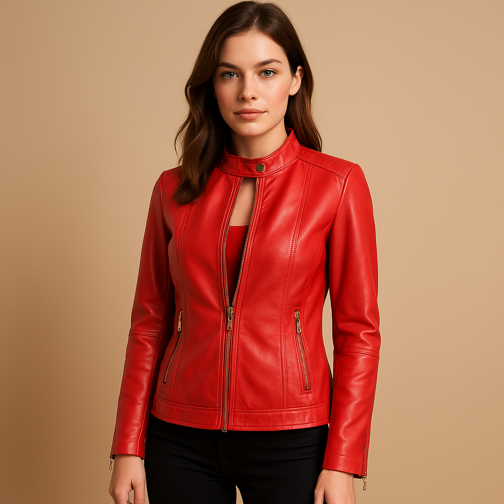 Faux leather biker jacket for women with symmetric zip closure, tailored fit, and sleek design—ideal for stylish layering in spring and fall.