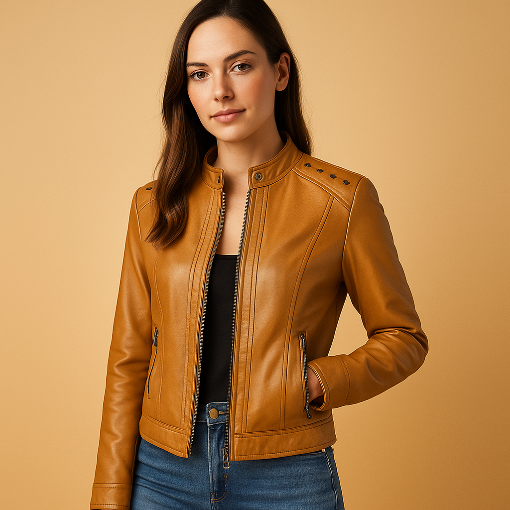 Faux leather biker jacket for women with structured fit, standing collar, silver zippers, and elegant studded accents for versatile styling.