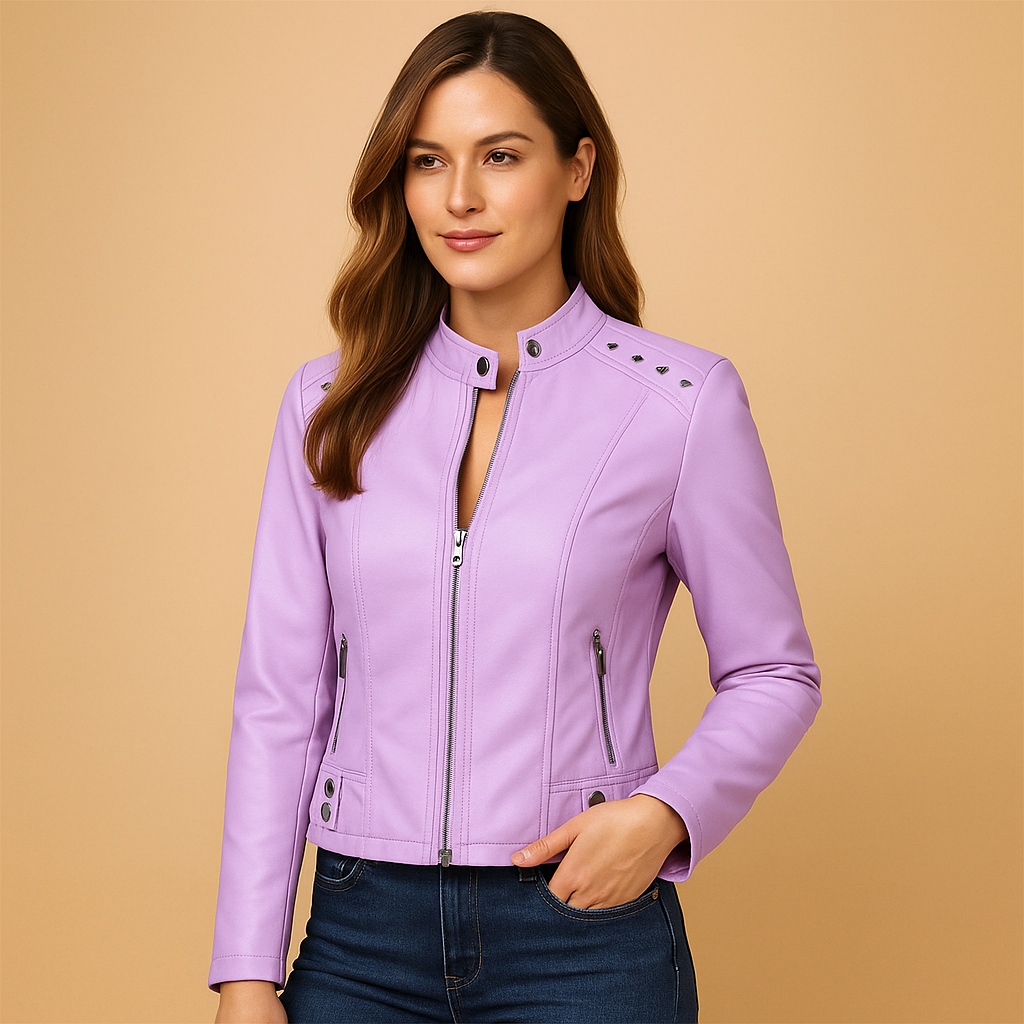 Faux leather biker jacket for women with structured fit, standing collar, silver zippers, and elegant studded accents for versatile styling.