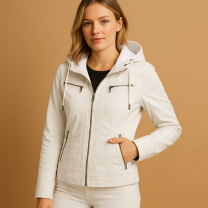 Women's faux leather jacket with removable knit hood and silver zipper, perfect for stylish everyday wear in any season
