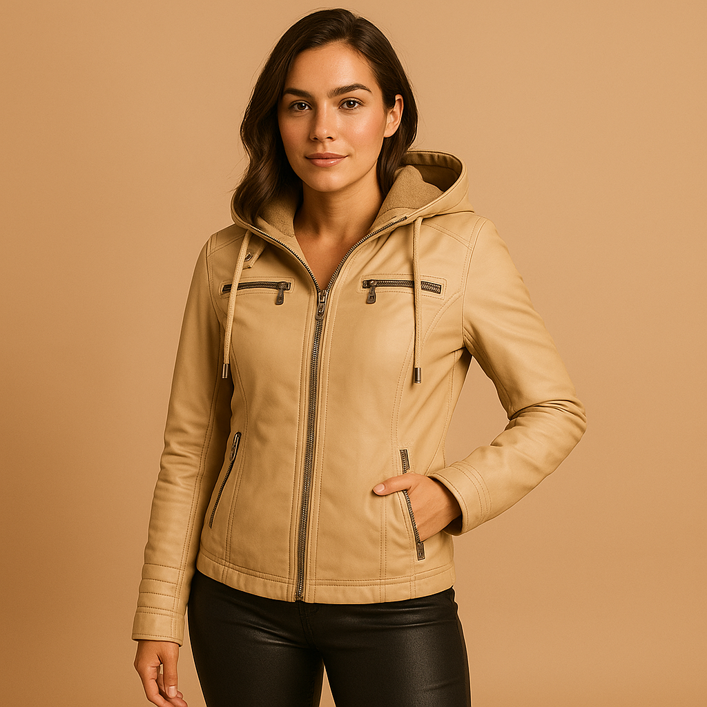 Women's faux leather jacket with removable knit hood and silver zipper, perfect for stylish everyday wear in any season