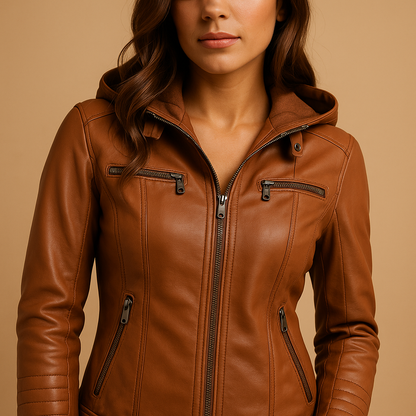 Women's faux leather jacket with removable knit hood and silver zipper, perfect for stylish everyday wear in any season