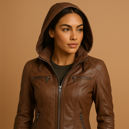 Women's faux leather jacket with removable knit hood and silver zipper, perfect for stylish everyday wear in any season