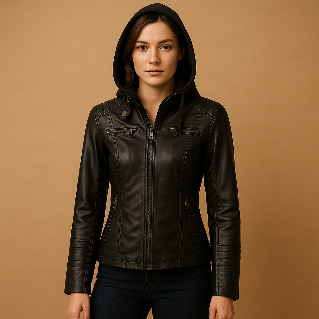 Women's Synthetic Leather Hooded Coat - Luxivelle