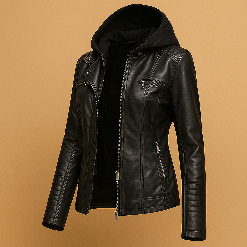 Women's faux leather jacket with removable knit hood and silver zipper, perfect for stylish everyday wear in any season