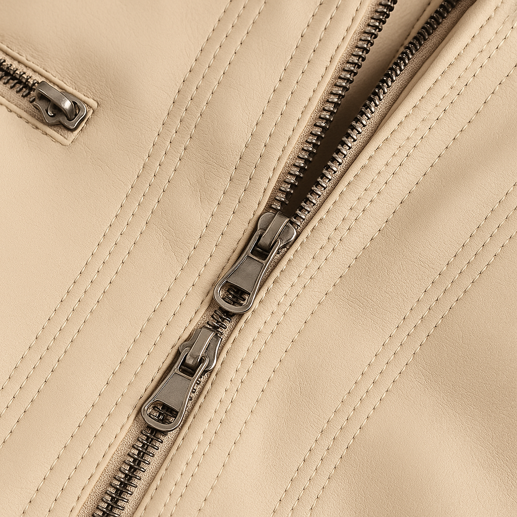 Women's faux leather jacket with removable knit hood and silver zipper, perfect for stylish everyday wear in any season