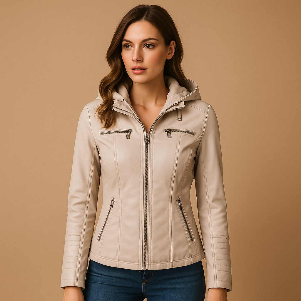Women's faux leather jacket with removable knit hood and silver zipper, perfect for stylish everyday wear in any season