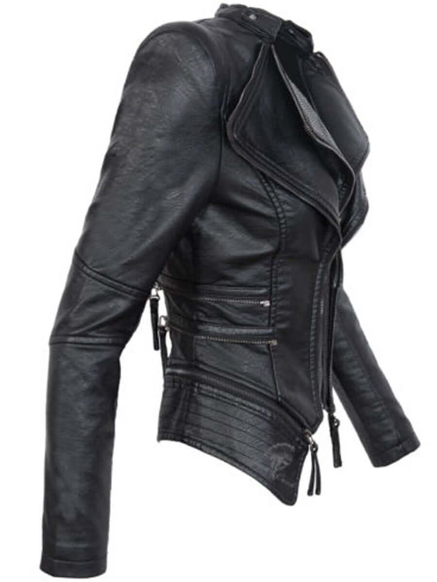 Fitted Women's PU Leather Biker Jacket with Zip Detail
