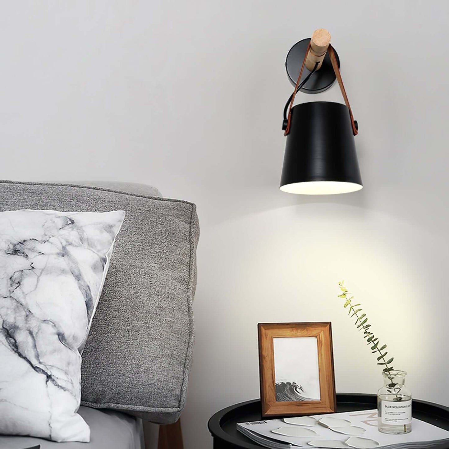 Rustic Wood Wall Lamp with Brown Leather Strap