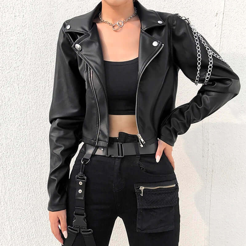 Fashionable Fit Faux Leather Biker Jacket with Metal Chains - Luxivelle