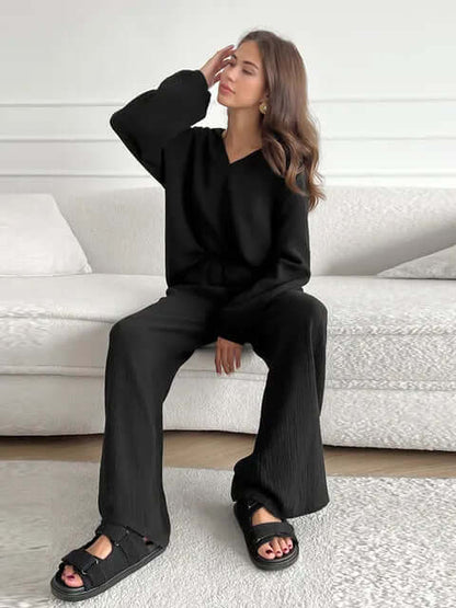 Soft Women's Casual Pajama Set V Neck Wide Leg
