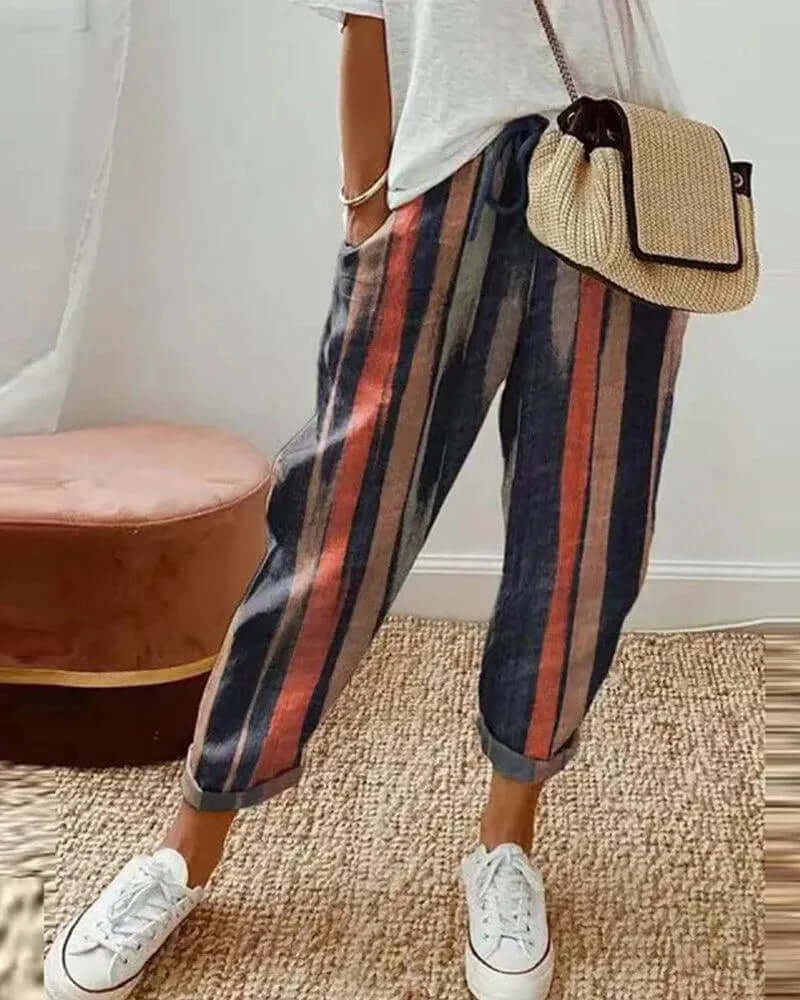 Relaxed Fit Stripe Cotton Pants for Women - Luxivelle