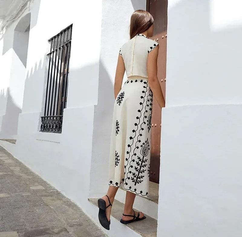 Decorative Short Top & Flowy Mid Skirt Outfit
