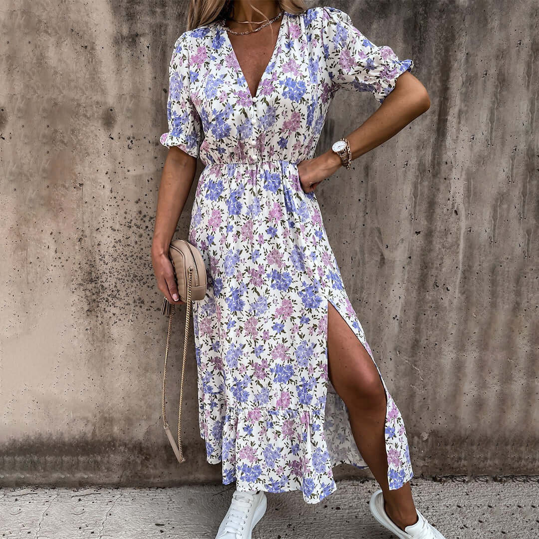 Pretty Ruffled Neckline Midi Summer Dress