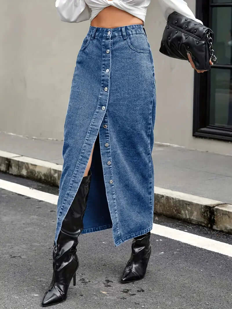 Women's Classic Mid Length Jean Skirt with Front Split - Luxivelle