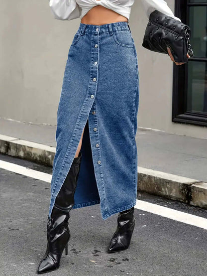 Women's Classic Mid Length Jean Skirt with Front Split - Luxivelle