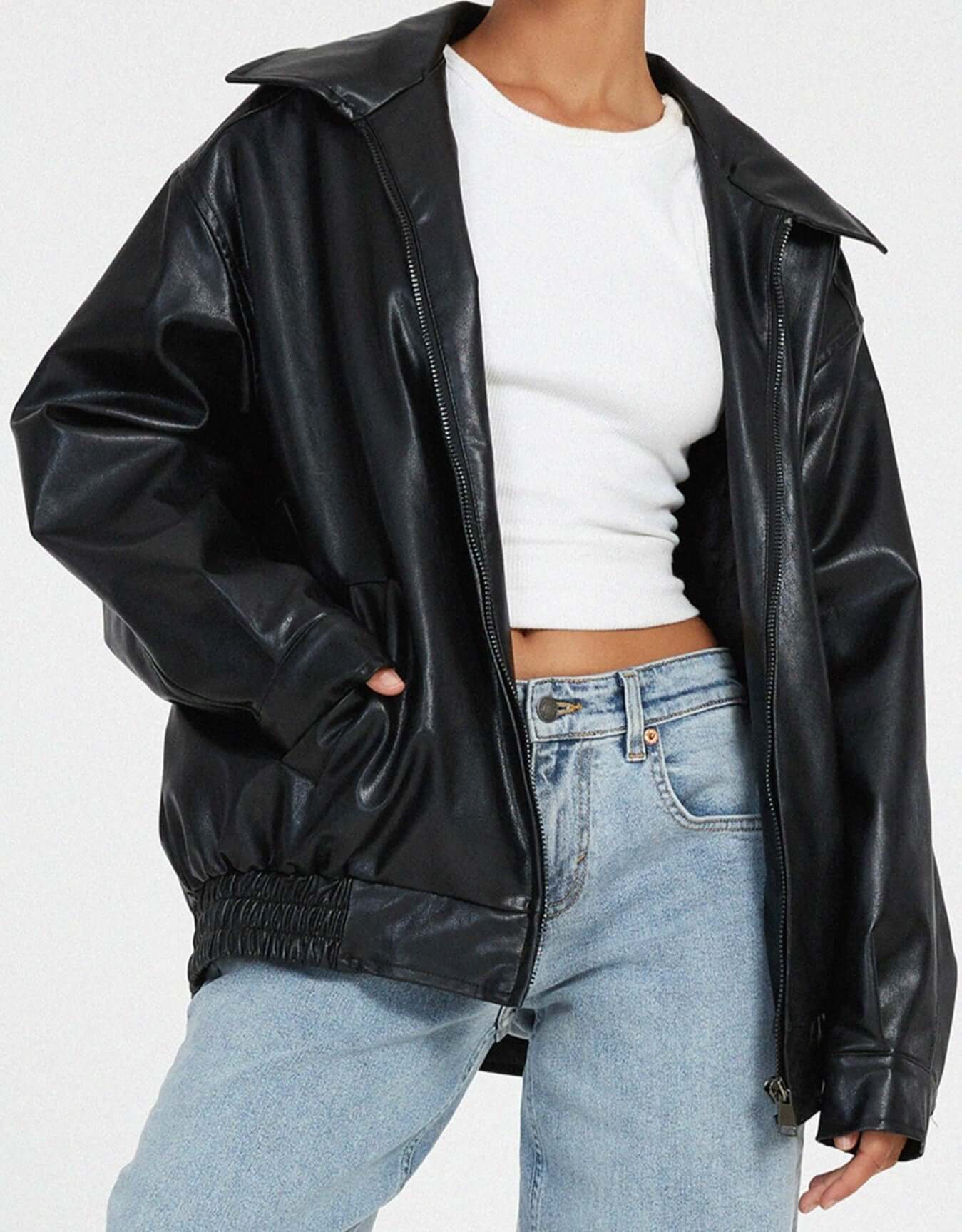 Large Synthetic Leather Women's Coat