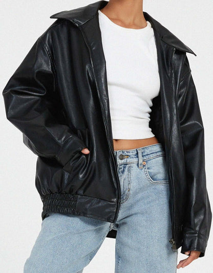 Large Synthetic Leather Women's Coat
