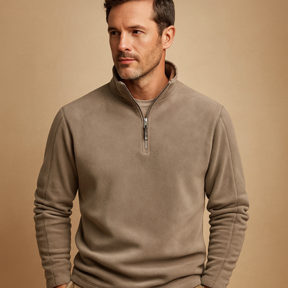 Men’s fleece half zip pullover with soft fabric, warm and versatile design in dark grey, beige, and brown for autumn and winter wear.