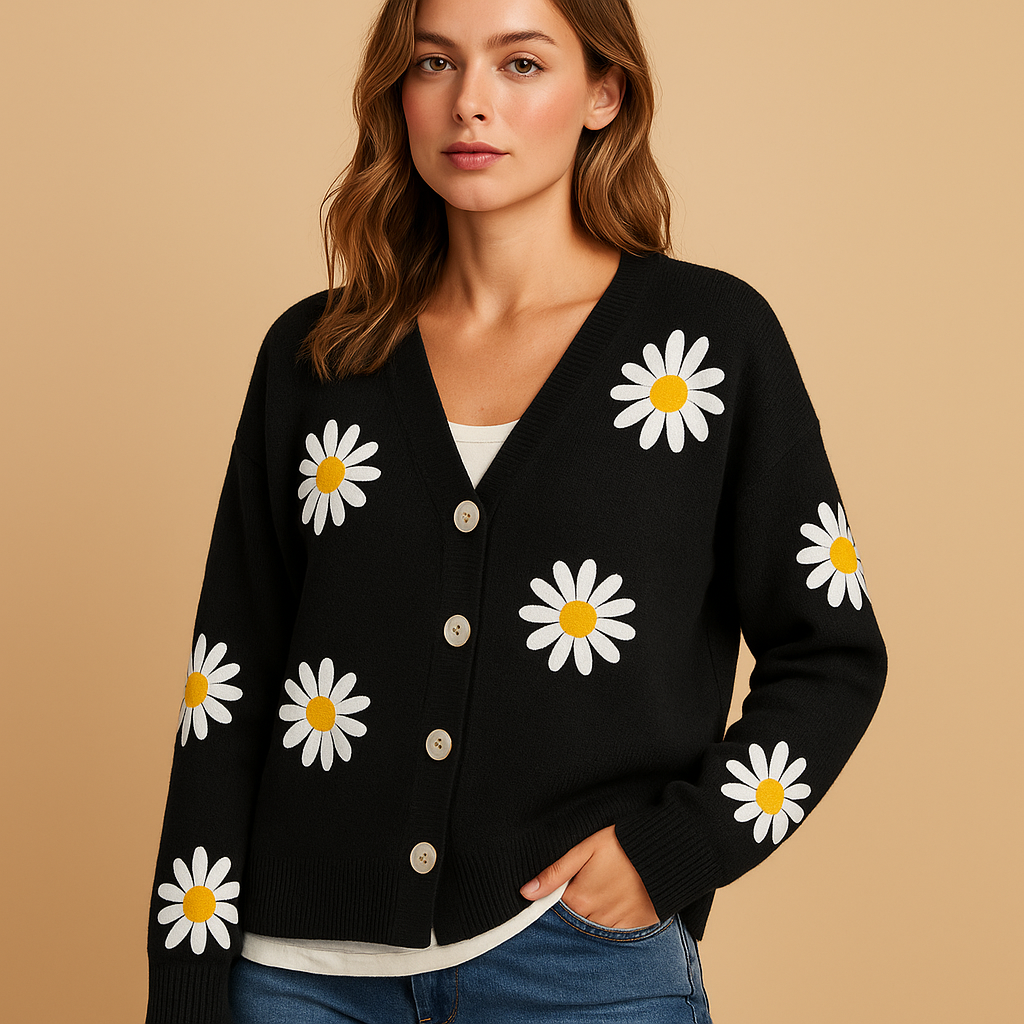Button-up floral knit cardigan for women with soft fabric and cozy fit, available in blue, brown, grey, and more—perfect for fall and winter layering.