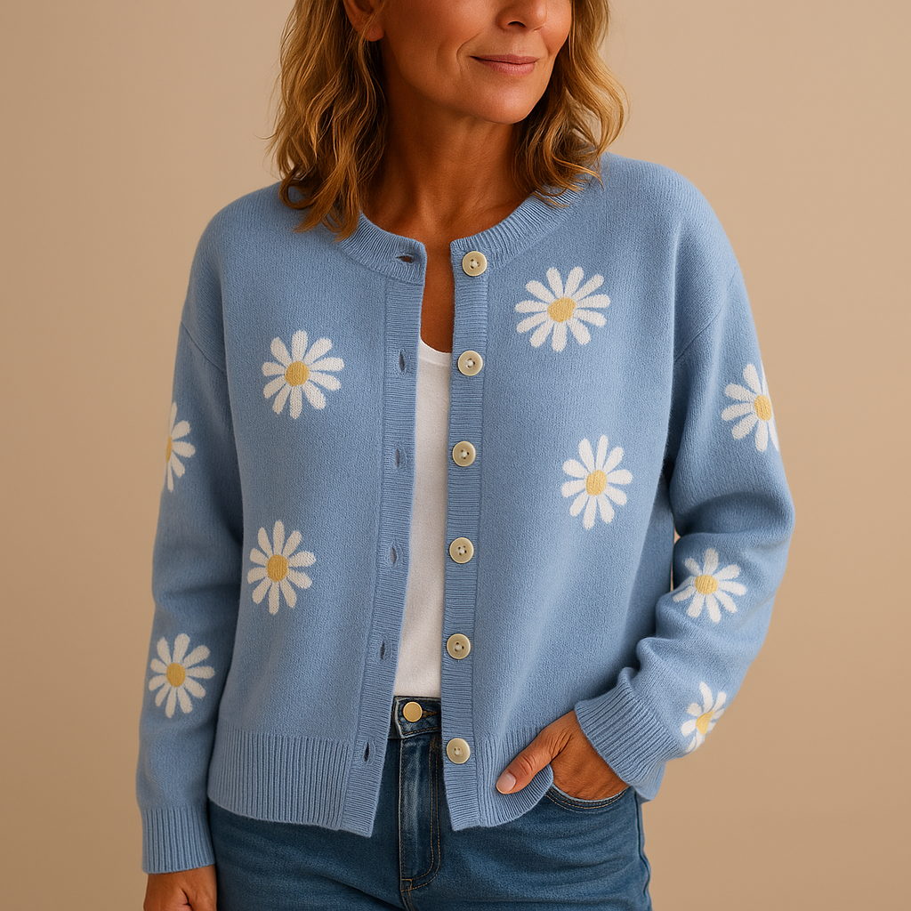 Button-up floral knit cardigan for women with soft fabric and cozy fit, available in blue, brown, grey, and more—perfect for fall and winter layering.
