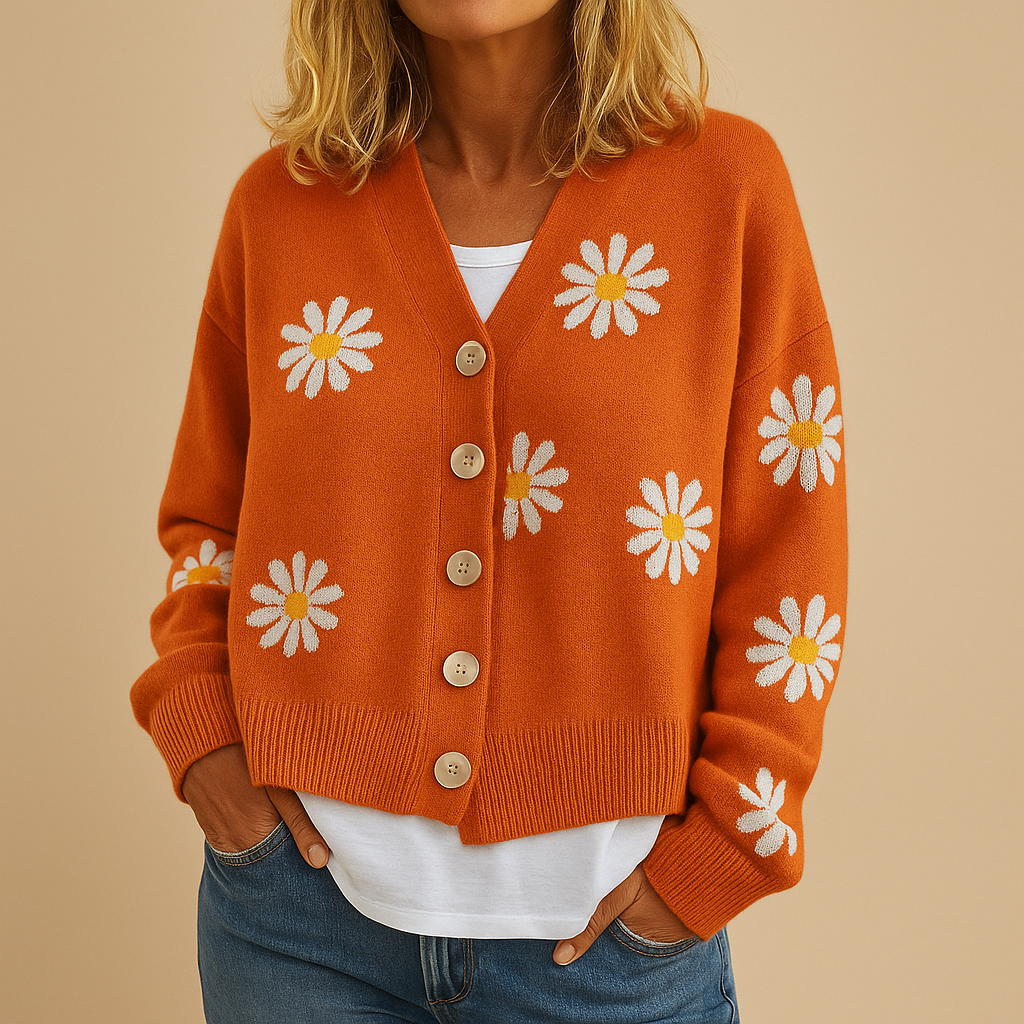 Button-up floral knit cardigan for women with soft fabric and cozy fit, available in blue, brown, grey, and more—perfect for fall and winter layering.