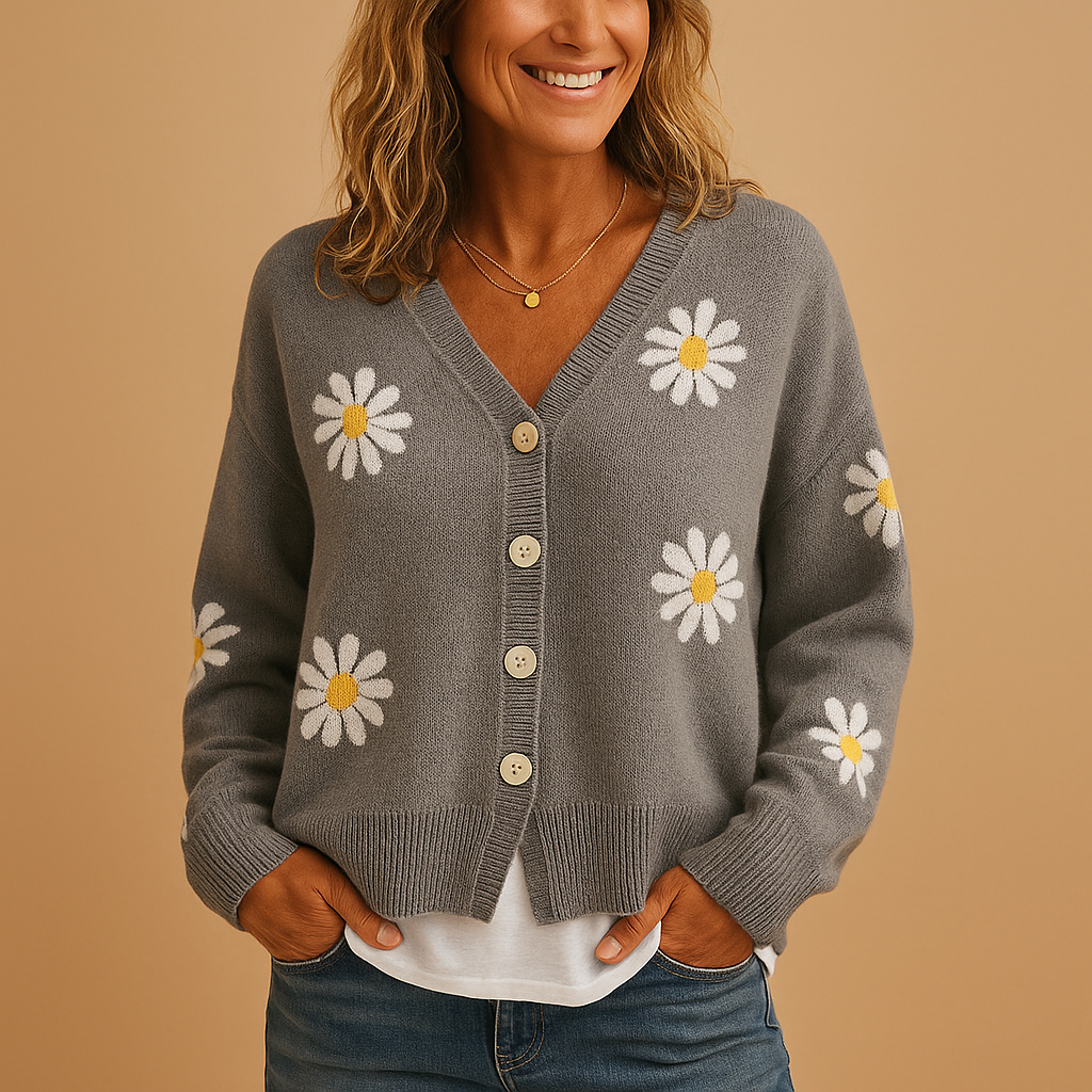 Button-up floral knit cardigan for women with soft fabric and cozy fit, available in blue, brown, grey, and more—perfect for fall and winter layering.