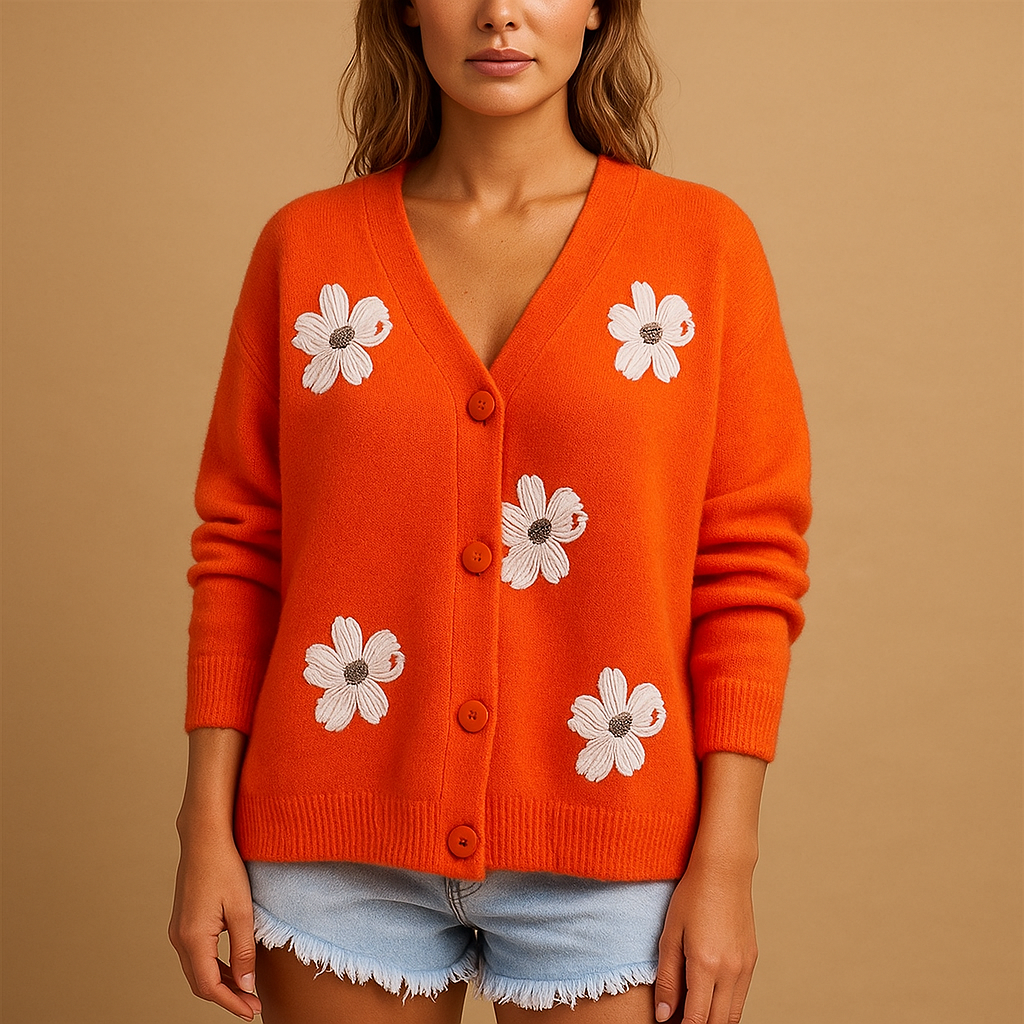 Elegant women’s cardigan with floral design and V-neckline, ideal for casual or formal outfits