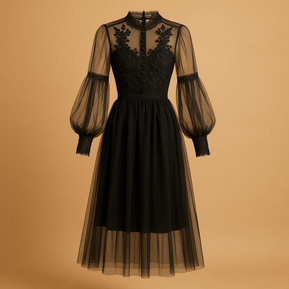 Elegant floral dress for women with slim high-waist fit, lantern sleeves, and stand-up collar, perfect for both chic and everyday occasions.