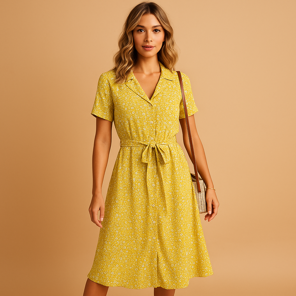 Floral midi dress for women with short sleeves in breathable fabric, perfect for summer days, garden parties, and relaxed casual wear.
