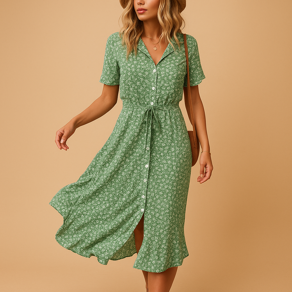 Floral midi dress for women with short sleeves in breathable fabric, perfect for summer days, garden parties, and relaxed casual wear.