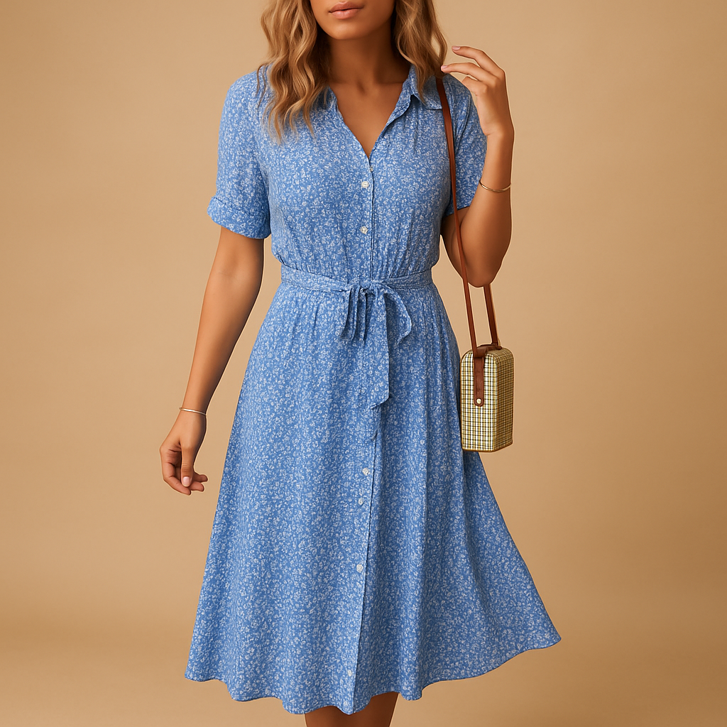 Floral midi dress for women with short sleeves in breathable fabric, perfect for summer days, garden parties, and relaxed casual wear.