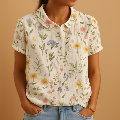 Women’s loose floral blouse with breathable fabric and multicolor flower pattern, ideal for casual summer days.