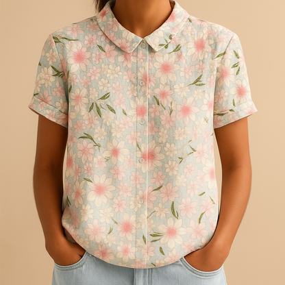Women’s loose floral blouse with breathable fabric and multicolor flower pattern, ideal for casual summer days.