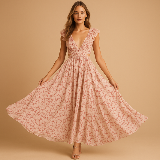 Beautiful Floral Long Dress for Women V Neck - Luxivelle