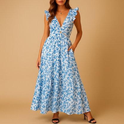 Floral maxi dress for women with ruffles, deep V-neck, and high slit, perfect for summer weddings and stylish evening events.